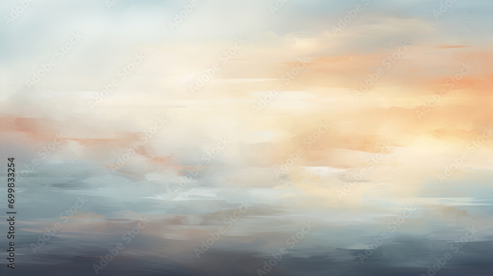 Naklejka premium a painting of a sky with clouds and a plane flying in the sky with the sun shining through the clouds.