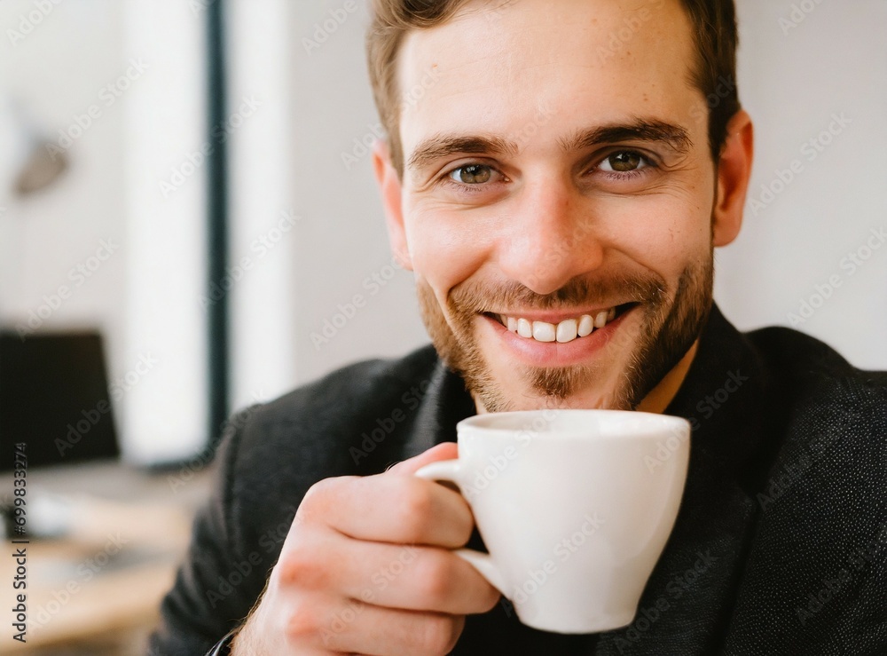 Caucasian businessman having coffee at office