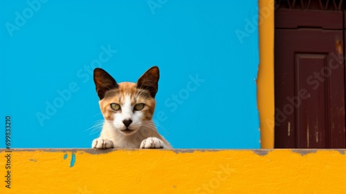 Generative AI image of a cat looking behind a yellow fence a blue wall behind it