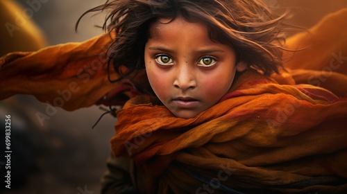 Generative AI image of a beautiful green eyes little girl wearing a traditional clothing closeup shot