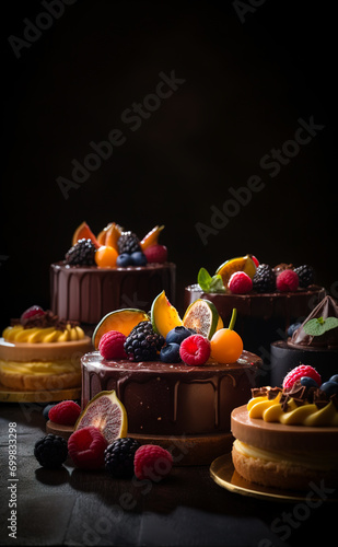 An amazing photo of cakes still life cinematiclight. A table topped with cakes covered in fruit
