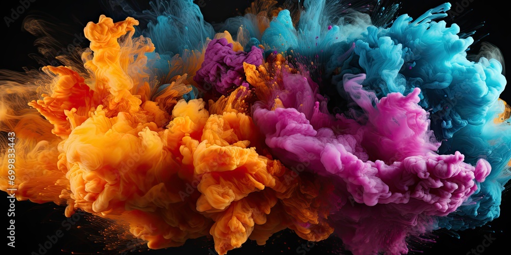 explosion of multicolored Holi powder against a dramatic black background.