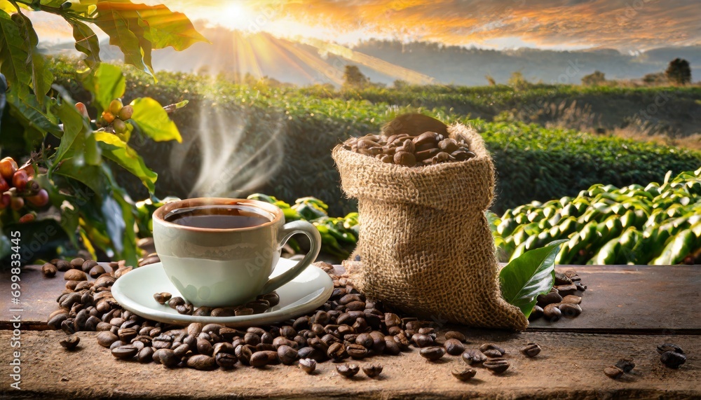 Morning Coffee Cup and Beans Overlooking Sunrise on Plantation - obrazy, fototapety, plakaty 
