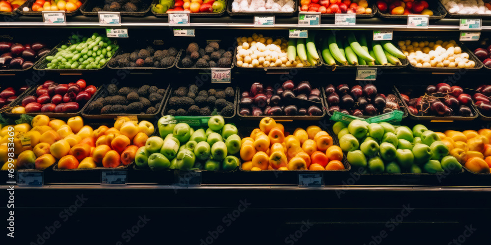 Candid photograph of a woman shopping. A display in a grocery store filled with lots of fruits and vegetables