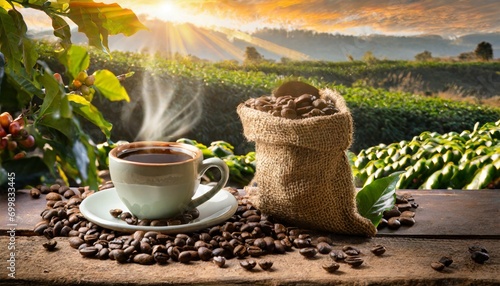 Morning Coffee Cup and Beans Overlooking Sunrise on Plantation