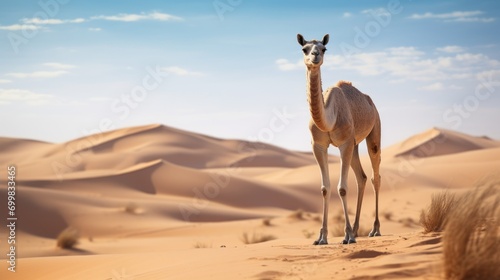 Generative AI image of a baby camel in the desert