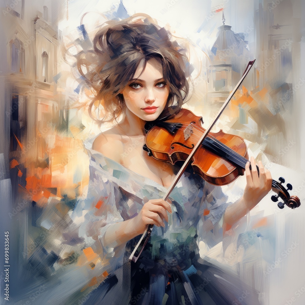 Generative AI image of painting of a girl playing with violin