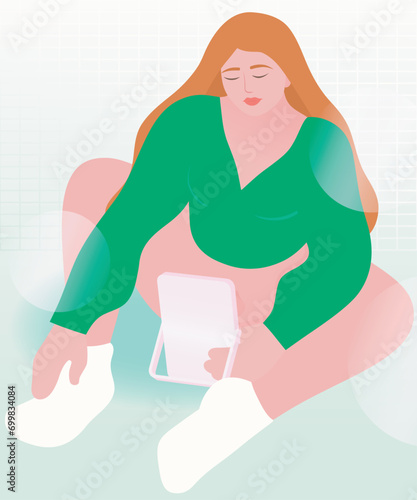 Young woman looking at her vulva in mirror. Sexual wellbeing, personal care, vaginal self-examination vector illustration.