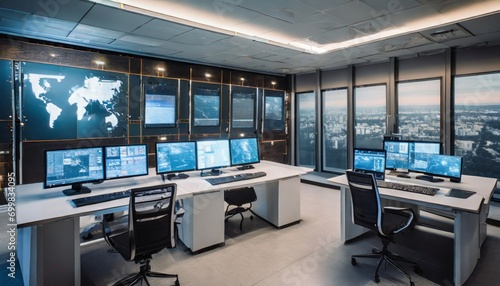 Modern Security Control Room with Multiple Monitors