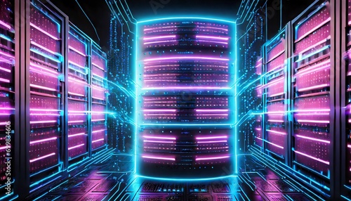 Vibrant neon lights in pink and blue hues inside a data center with racks of network servers
