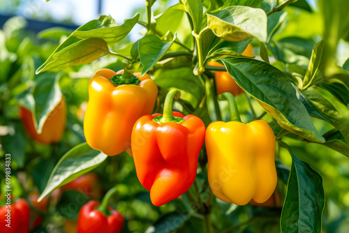 Colorful bell peppers growing in a greenhouse. Selective focus.