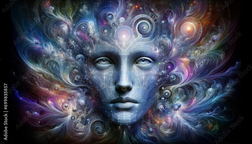 Emerging Face: Surreal fusion of human and digital elements, evoking awe and wonder. Emerging Face: Surreal fusion of human and digital elements, evoking awe and wonder.