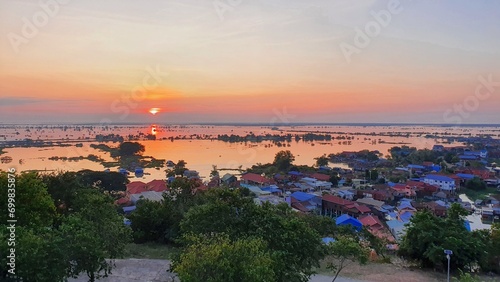 Cambodia. Sunrise. Views from Mount Krom to rice fields and Lake Tonlesap. Siem Reap province. photo