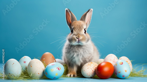 Funny easter concept holiday animal greeting card - Cute little easter bunny, baby rabbit and painted easter eggs, isolated on blue background texture  © Business Pics