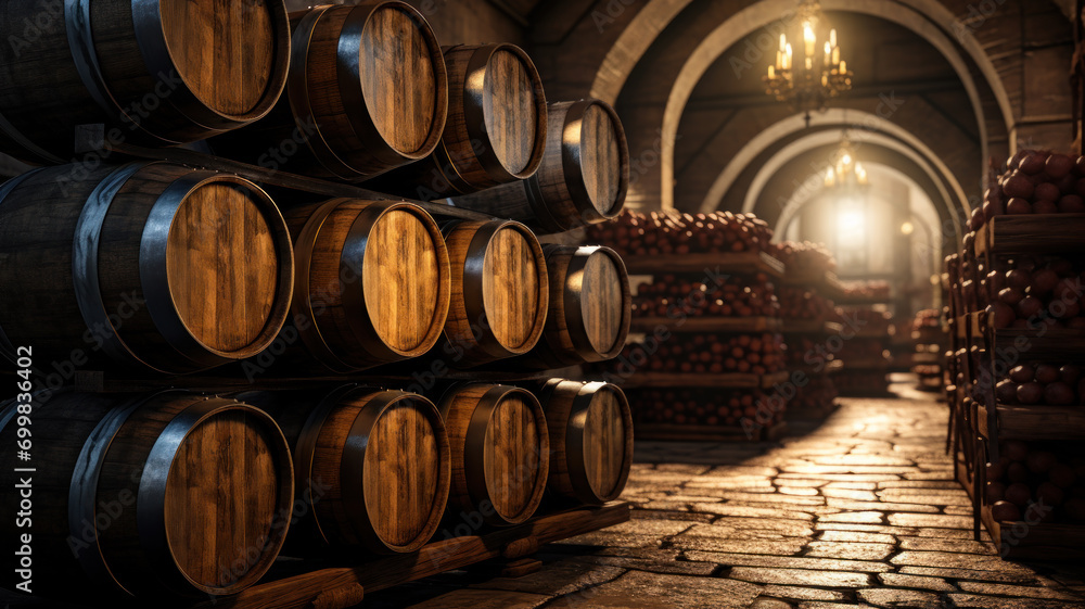 Vintage wooden barrels stored in old wine cellar, background. Many brown oak casks inside dark storage of winery. Concept of vineyard, viticulture, production, wood, warehouse