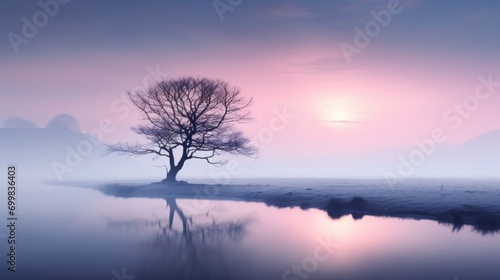  a lone tree sitting on the edge of a body of water in the middle of a foggy, misty day.