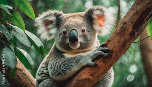 Enjoying the tranquility of its Australian home, a furry koala looks out from its eucalyptus perch, a lazy and adorable mammal