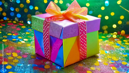  Colorful Gift Box with Bow on Glitter Background