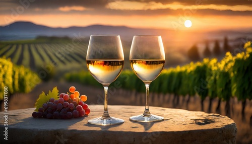 Amongst the vineyards  a proposal unfolds with wedding rings  wineglass  and winery grapes