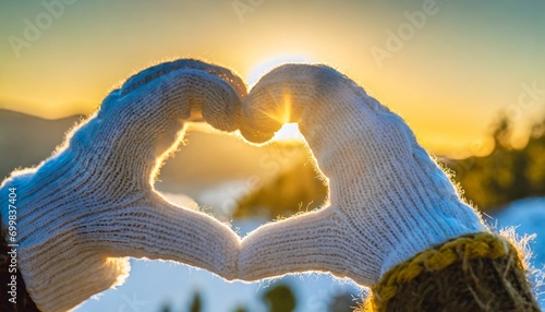 Romantic fingers shape a heart in the sunrise, capturing love and happiness in a perfect silhouette with sunlight