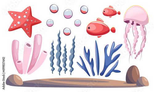 Set with sea animals and plants in cartoon style. Vector clipart on a marine theme. Starfish, fish, jellyfish, corals, algae and seabed with stones on a white background. Marine design elements