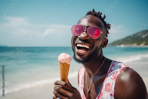 Portrait of happy african american man eating ice cream on the beach photo