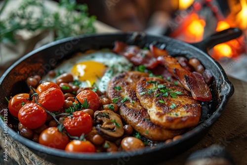 picture of english breakfast with eggs, tomatoes, , bacon, beans, mushrooms and sausage photo