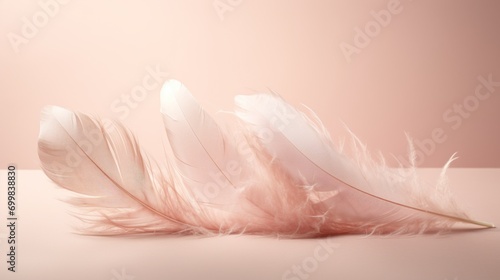  a group of white feathers sitting on top of a pink table next to a light pink wall in the background. © Anna