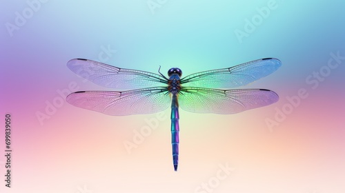  a blue and green dragonfly sitting on top of a blue and pink background with a light reflection on it's wings. © Anna