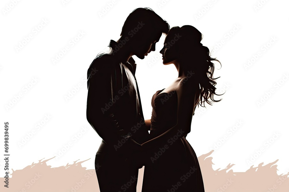 Young man and woman are standing next to each other. Isolated Isolated silhouette 