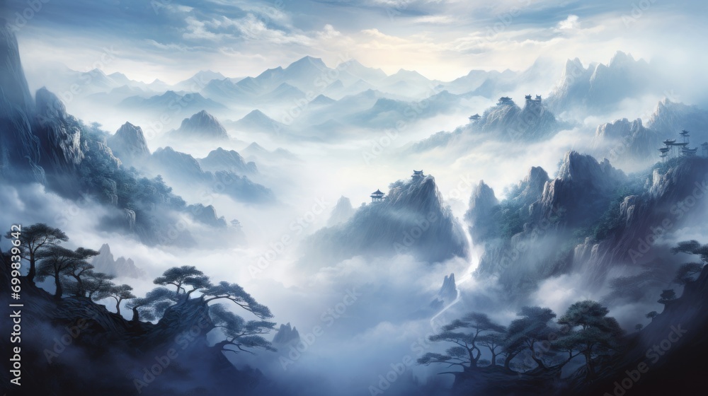  a painting of a mountain landscape with clouds and trees in the foreground and a foggy sky in the background.