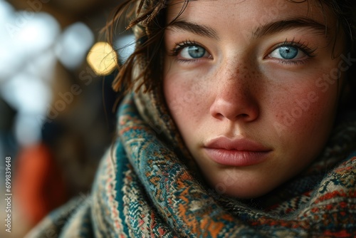 Russian beautiful young girl, portrait of a young woman, natural beauty of a Siberian princess, freckles and detailed close-up shot photo