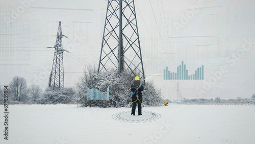 Engineer using technology to service electricity pylon in snow, IOT app concept