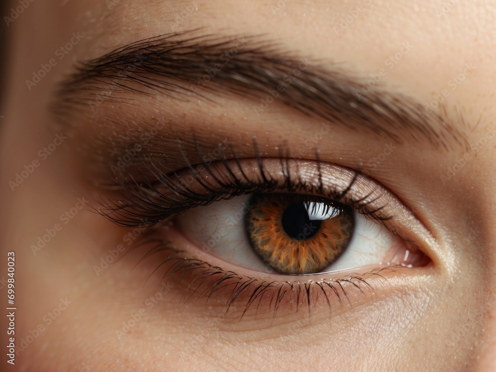 Human girl brown female eye, closeup macro. Woman face with beauty makeup, perfect skin Human girl brown female eye, closeup macro. Woman face with beauty makeup, perfect skin