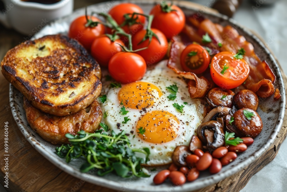 picture of english breakfast with eggs, tomatoes, , bacon, beans, mushrooms and sausage picture of english breakfast with eggs, tomatoes, , bacon, beans, mushrooms and sausage