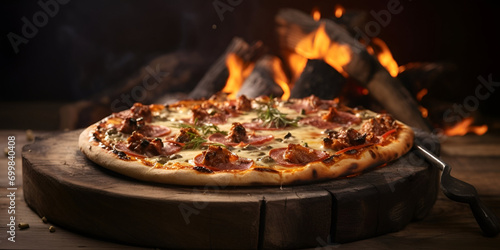 Burning hot pizza fresh out of the oven,Hot pizza on a wooden table in front of a fire Restaurant,Pizza oven food mozzarella, AI generated