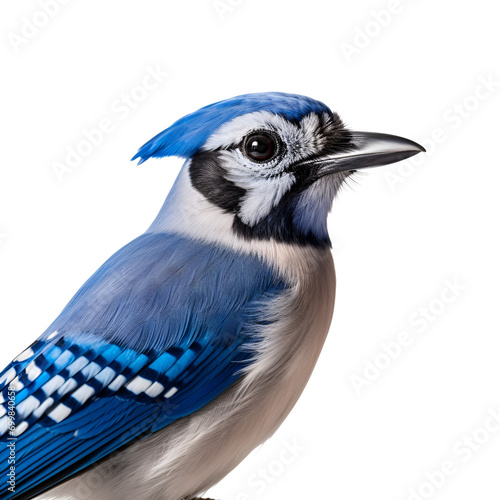Photo of a blue jay bird’s half body in close up, Isolated on Transparent Background, PNG