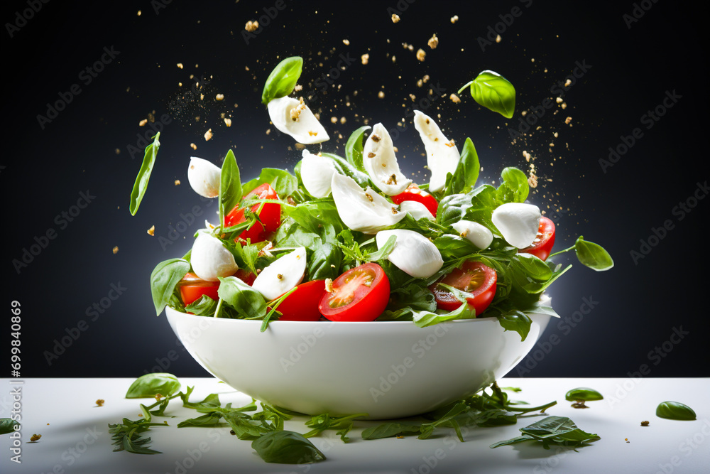 Salad with tomatoes, mozzarella and basil in a bowl, with droplets of oil and vinegar flying around. Salad with tomatoes, mozzarella and basil in a bowl, with droplets of oil and vinegar flying around.