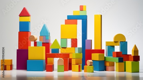  a pile of colorful wooden blocks sitting on top of a wooden floor next to a white wall and a white wall.