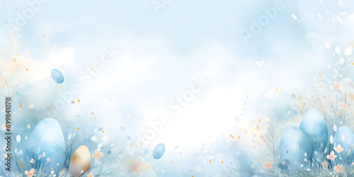Blue watercolor illustration with easter eggs, abstract background 