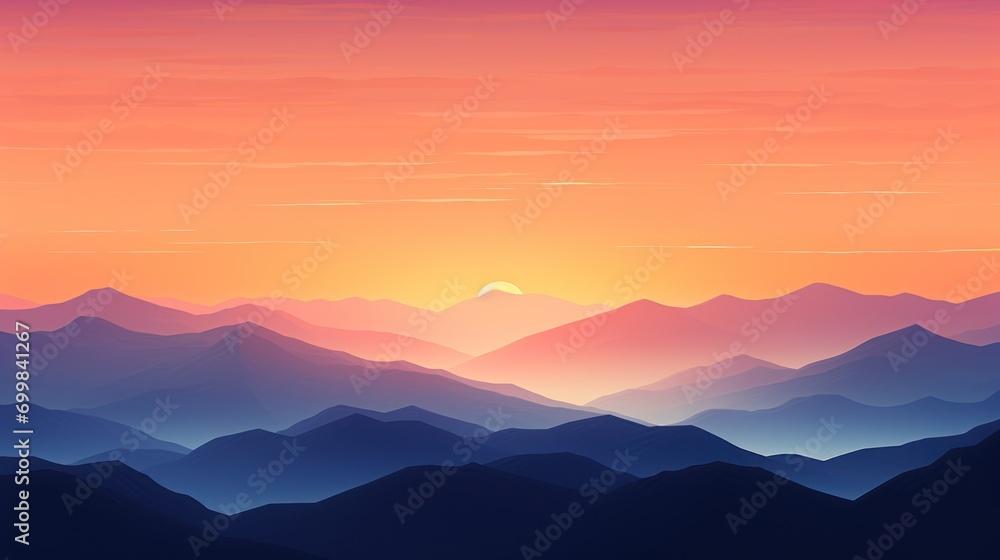  a painting of a sunset over a mountain range with a bird flying over the top of the mountain in the foreground.