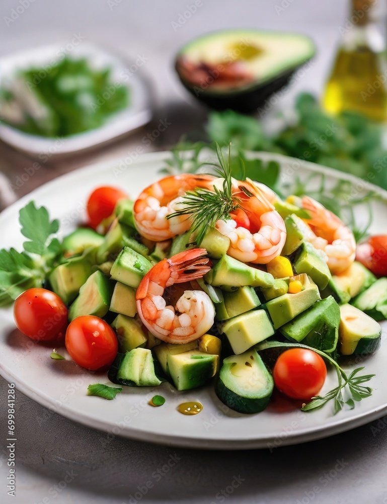 Avocado salad with shrimp, tomatoes and cucumbers. Restaurant food concept.
