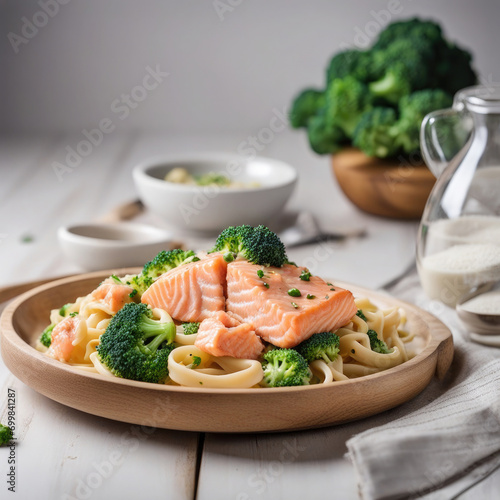 Spaghetti with salmon and broccoli on a round dish on a light table. Restaurant food concept