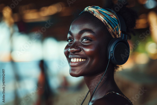 Portrait of smiling african american woman on beach at sunset © © Ai Factory