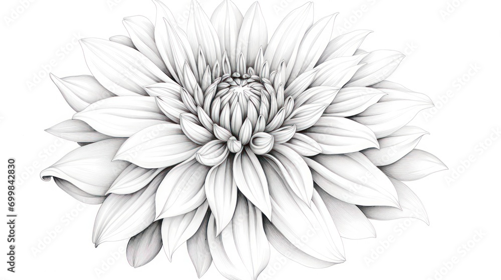  a black and white drawing of a large flower with leaves on it's center and petals on the petals.