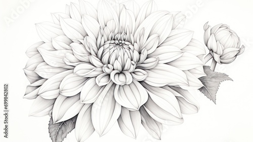  a black and white drawing of a large flower with leaves on it s stem and a single flower on the end of the stem.
