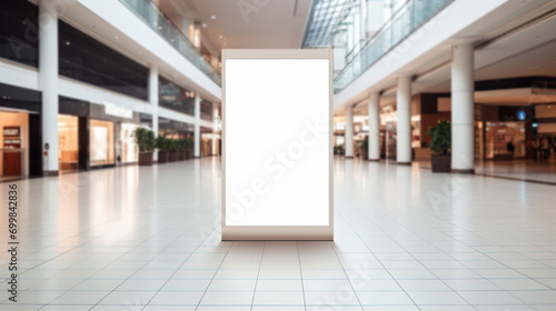 Gran cartel luminoso en blanco, vacio para publicidad, dentro de un moderno centro comercial