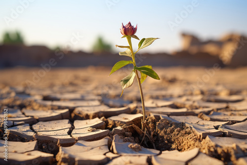 A wilting plant in dry soil, illustrating the difficulties of drought and the impact on agriculture. Concept of environmental challenges and water scarcity. Generative Ai. photo