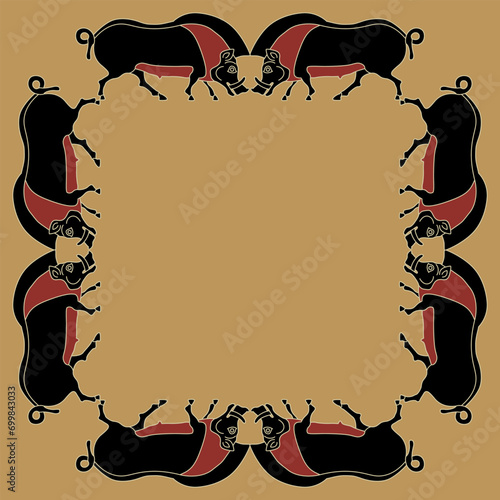 Square animal frame with wild pigs or boars. Ancient Greek ethnic vase painting style.