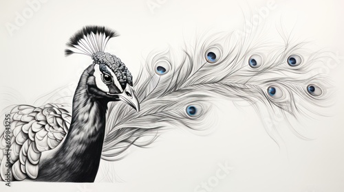  a black and white drawing of a peacock with feathers on it's back and blue eyes on it's back.